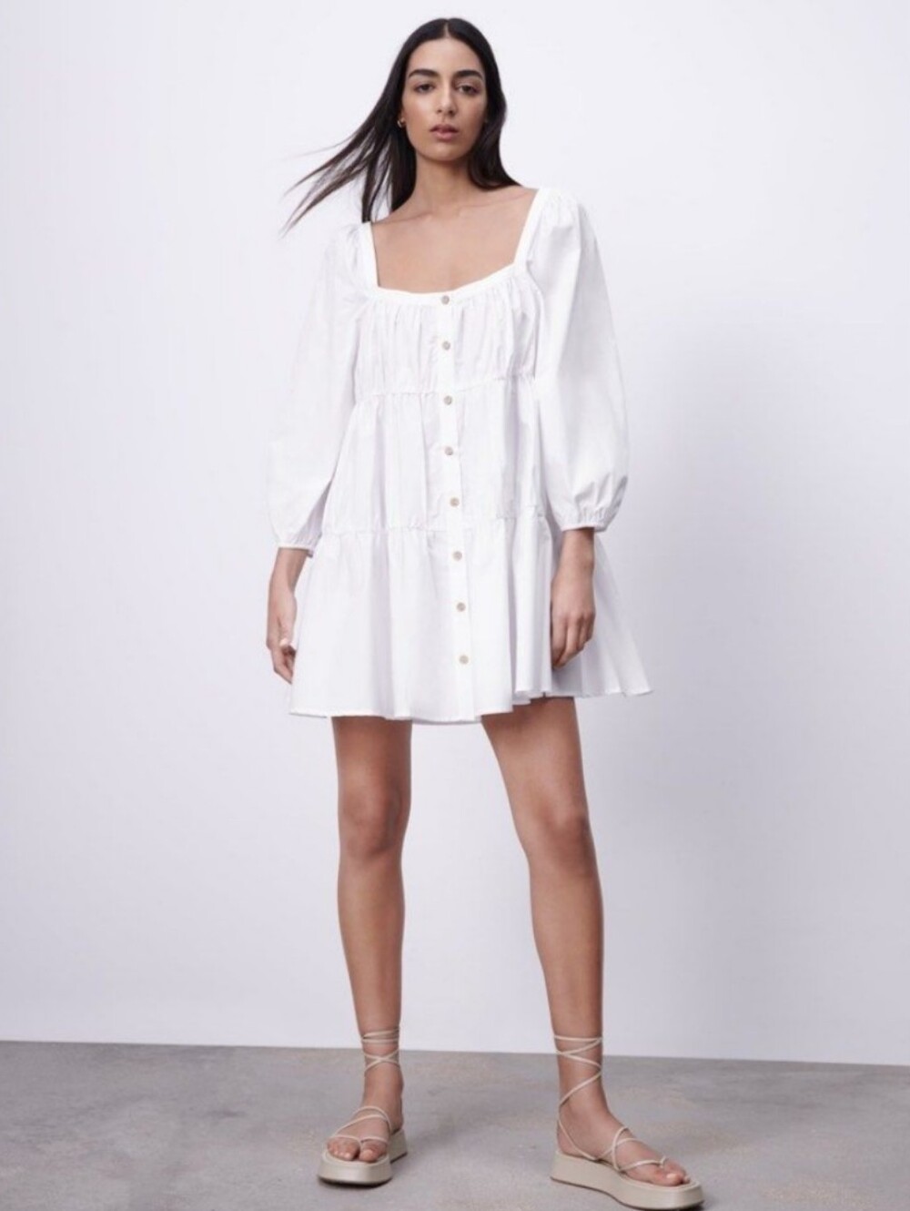 Zara White Poplin Square Neckline Flowy Mini Dress Size S